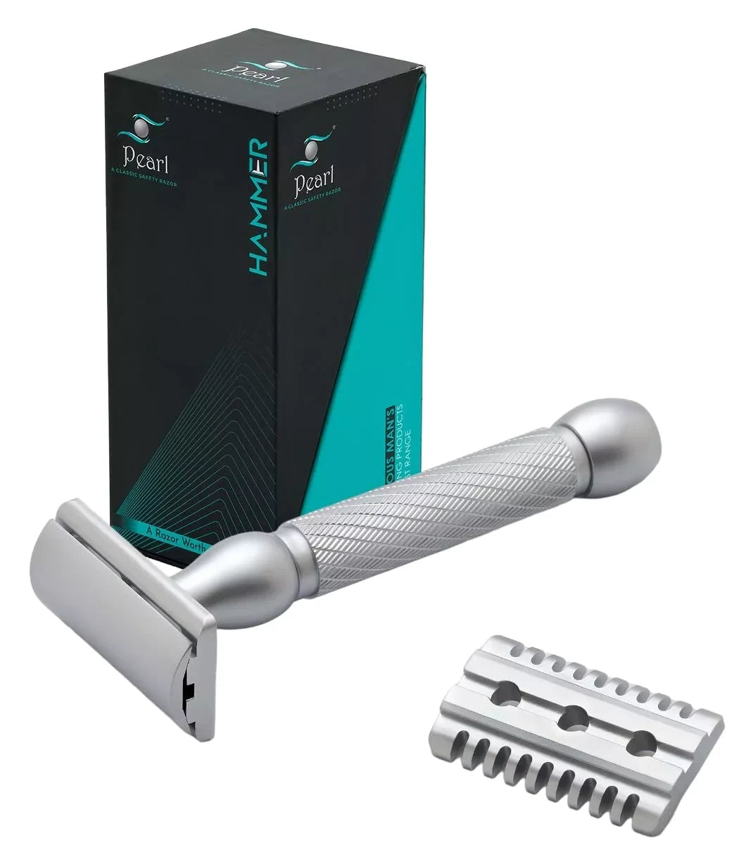 Pearl Shaving Hammer Open Comb and Straight Bar Double Edge Safety Razor, Classic and Traditional Shaving Kit